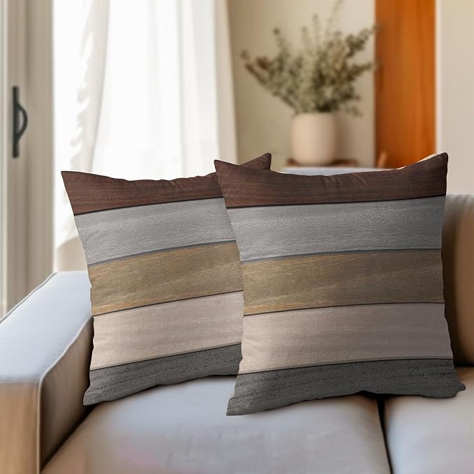 Kawani Grey Brown Wooden Pillow Covers 20x20 Inches Rustic Wood Grain Cotton Linen Square Pillow Cushion Cases for Bed Sofa Patio Porch Home Decor Housewarming Gifts Set of 2