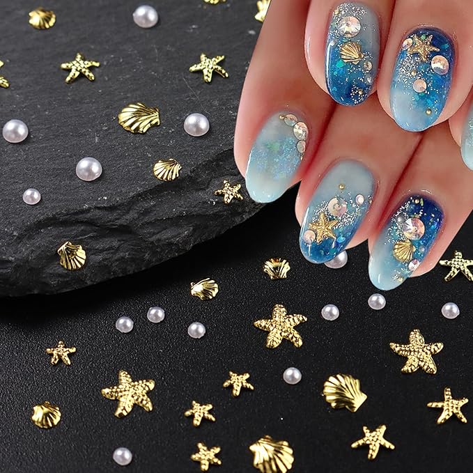 Summer Nail Charms, Ocean Style Starfish Scallop Half-Round Pearl Mixed Mini Nail Jewelry Gold Nail Rhinestones Pearls Ocean Theme Designs Metallic Slice DIY Manicure Nail Parts Y2K for Nails