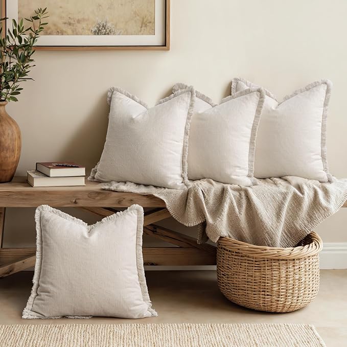 MIULEE Fall Linen Fringe Pillow Covers Set of 4 18x18 Neutral Beige | Boho Farmhouse Decorative Throw Pillow Covers, Neutral Soft Rustic Cushion Cases, for Couch Sofa Bed Living Room Home Decor