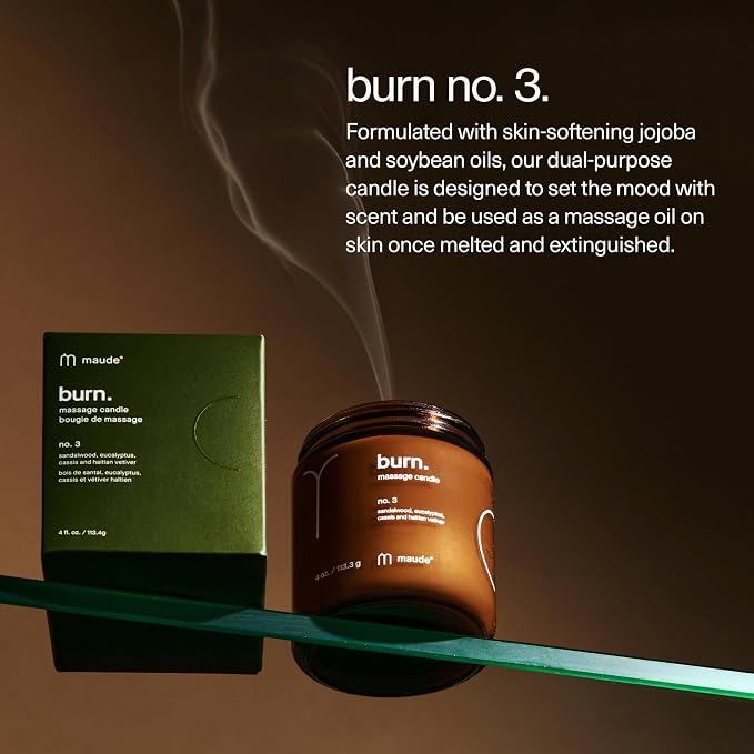 Maude Burn, Green Room (No. 3) - Hydrating + Skin-Softening Soybean + Jojoba Oil Massage Candle - Soothing Massage Oil Candle with Notes of Eucalyptus + Sandalwood - Relaxing Self Care Gifts (4 oz)