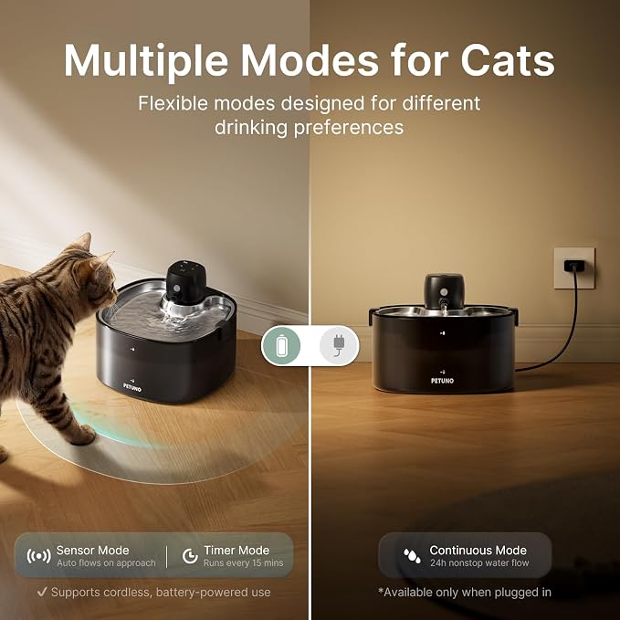 Cordless Cat Water Fountain, Battery Operated, Silver 6 Filters 78oz | Stainless Steel Tray, Rechargeable 4000mAh, Wireless, Motion Sensor, Quiet Pump, Locking Lid, Pet Fountain, 6 Filters