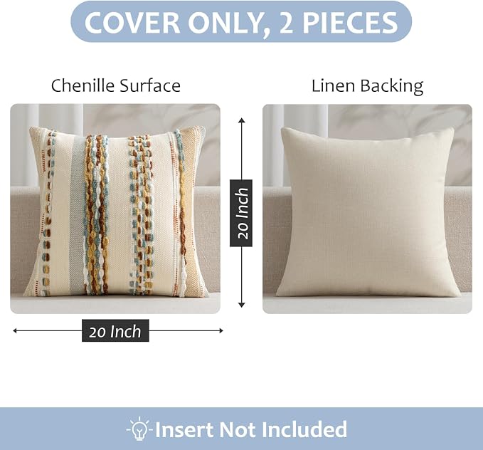 ANRODUO Boho Decorative Throw Pillow Covers 20x20 Inch Rust Blue Pack of 2 | Throw Pillow Covers, Farmhouse Cushion Case, Chenille Pillow Cases, Pillow Covers, Accent Neutral Pillowcase for Sofa Couch