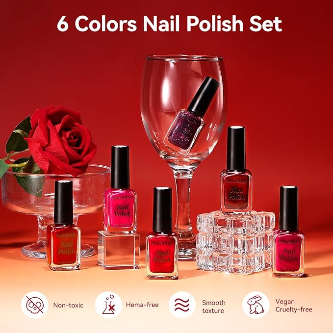 Red Nail Polish Set, 2026 Valentine's Day 6 Colors Red Cherry Dark Red Wine Nail Polish Kit, Opaque,Hema-free Quick Dry, Non Gel, 12-Toxic-free, Home DIY Nails Art Gift for Women Girls