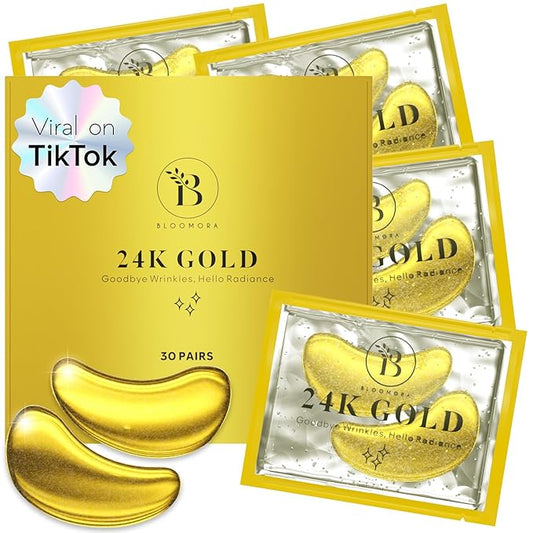 BLOOMORA 24K Gold Under Eye Patches (30 Pairs) - For Dark Circles & Puffiness - Hydrating Eye Mask for a Revitalized Look