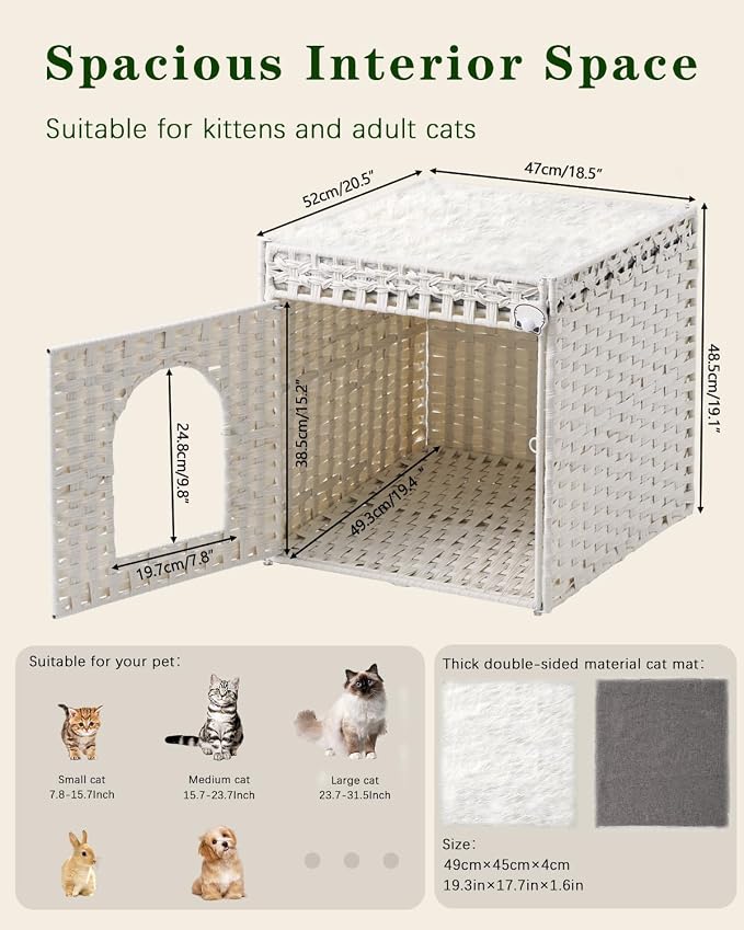 SETVSON Cat Houses for Indoor Cats Extra Large Double Cat Cave, White | Decorative Furniture Look, Private Hideaway for Shy Cats, Soft Dual-Purpose Cushion, Easy Wipe-Clean PE Rattan, Collapsible