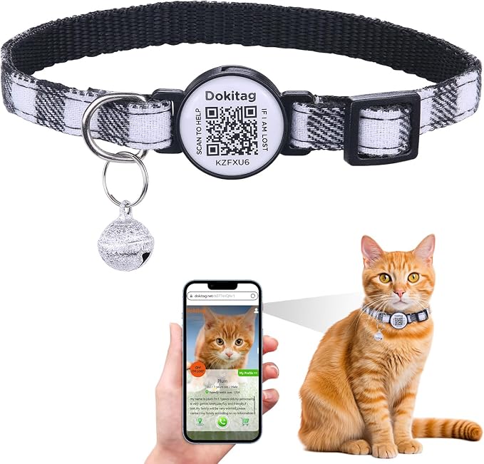 Cat Collar Breakaway with QR Code Name Tag,Cat Collar with Bells and ID tag,Scan QR Receive Instant Pet Location Alert Email (Black)