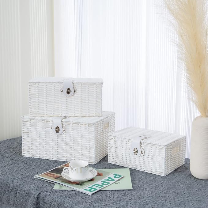 Set of 3 Woven Wicker Storage Basket Box with Lids & Lock, Built-in Carry Handles, Multifunctional Storage Organizer for Nursery, Baby, Clothes, Toys, Books, Large/Medium/Small Size (White)