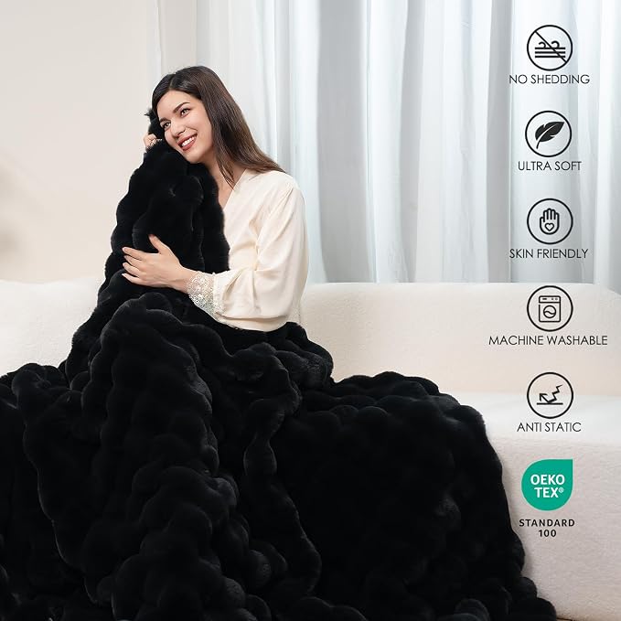 Super Comfort Oversized Warm Thick Bubble Luxury Plush Rabbit Faux Fur Throw Blanket, Fluffy Blanket,Soft Cozy Blanket for Couch Chair Bed Sofa Living Room (Black, 60inX80in)
