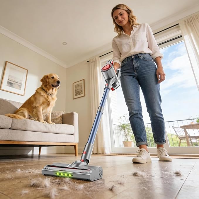 Cordless Vacuum Cleaner, Powerful Stick Vacuum with Green Light Anti-Tangle Brush, Removable Battery, 6-in-1 Lightweight Handheld for Pet Hair, Carpet & Hard Floors, Red