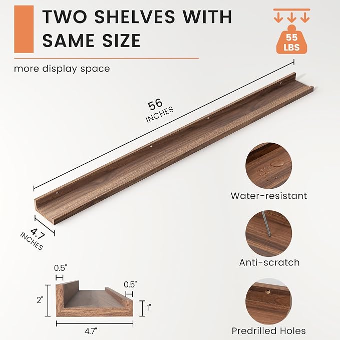 Picture Ledge Shelf, Long Floating Shelves for Wall, 56" W Set of 2, Walnut | FSC Certified Engineered Wood, Wall Mounted Bookshelf, for Nursery Living Room Bedroom, Easy Install