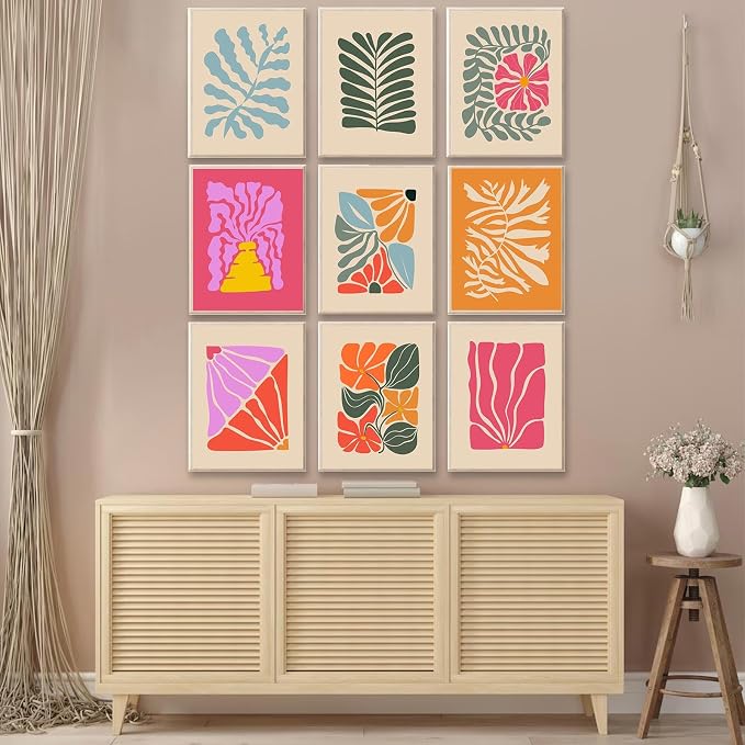 Abstract Botanical Prints Set of 9, Colorful Eclectic Gallery Wall Art Wavy Flower Floral Plant Wall Decor, Aesthetic Bedroom Decor Canvas Artwork Painting, Maximalist Art Prints & Posters for Boho | Canvas Prints, Unframed, Matisse Preppy Pictures, Wa...