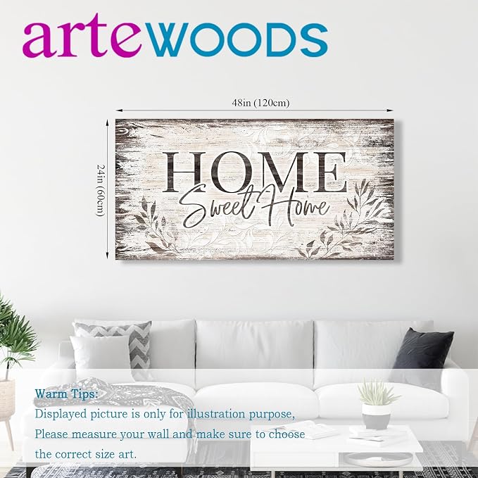 arteWOODS Home Sweet Home Wall Art Sign Large Dark Brown Farmhouse Wall Sign for Living Room Decoration Wooden Board Design Canvas Prints Modern Rustic Artwork Leaf Pictures Wall Decor 24" x 48"