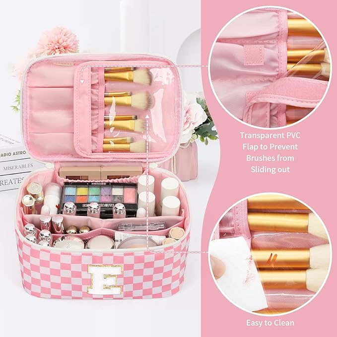 OCHEAL Makeup Bag Valentines Day Gifts for Women, Monogram Cosmetic Bag Pink Travel Makeup Case Beauty Toiletry Bag Organizer Personalized Gifts for Girls Bridesmaid, Sister, Wife, Friends Initial E