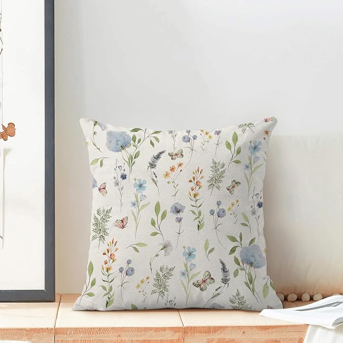 Spring Pillow Covers 20x20 Inch Set of 2, Sage Green Blue Wild Flower Throw Pillows Case,Colorful Seasonal Floral Plant Outdoor Decorative Farmhouse Decor Cushion Covers for Home Sofa Bed Couch