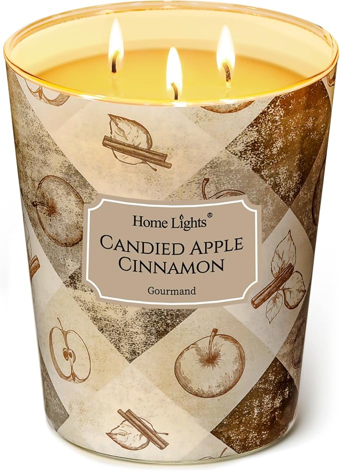 HomeLights 3-Wick Candles for Home Scented - 34oz Soy Wax Blend Candle Long-Lasting Fragrance, Rustic Modern Home Decor and Housewarming Gifts, Candied Apple Cinnamon