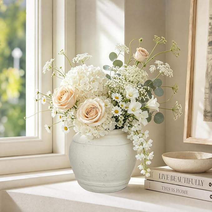 Briful Rustic Ceramic Farmhouse Vase, 5.9" Vintage Textured Pottery Jar | Off-White Cream Antique Vintage Vase for Modern Farmhouse, Dining Coffee Tabletop, Kitchen Counter, Desk & Mantle Aesthetic