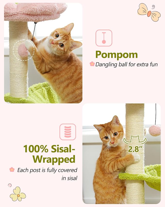 Flower Cat Tree, 28" Cat Tower with Cozy Flower Perch, Large Hammock for Indoor Small Cats, Cute Cat Tree with Sisal Scratching Post and Fur Toy Ball for Kittens, Pink | Plush flower perch, Metal frame hammock, Sisal post, Fluffy toy ball, Thickened st...