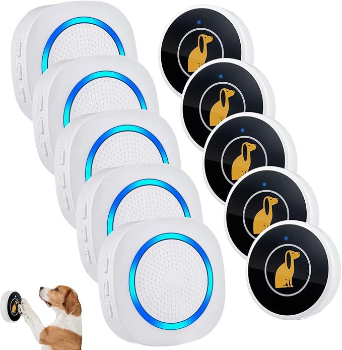 Smart Dog Door Bell Wireless Puppy DoorBell for Potty Training, Dog Bells to go Outside, IP55 Waterproof Bells for Dogs to Ring to go Potty (5 Receivers+5 Buttons)