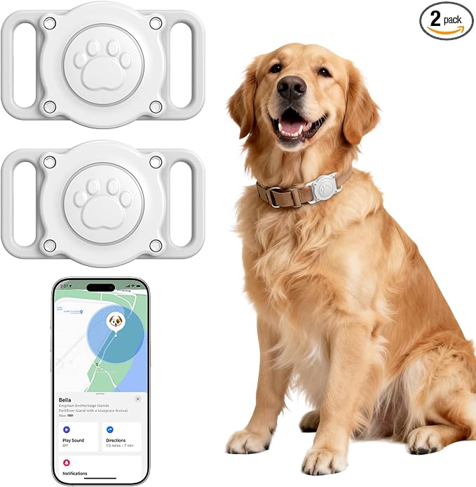 GPS Dog Tracker Collar (iOS & Android), Pet Activity Tracker No Monthly Fee | Pet Location Tracker with Holder Works with Apple Find My & Google Find Hub, Finder Tag for Pets, Items White 2 Pack