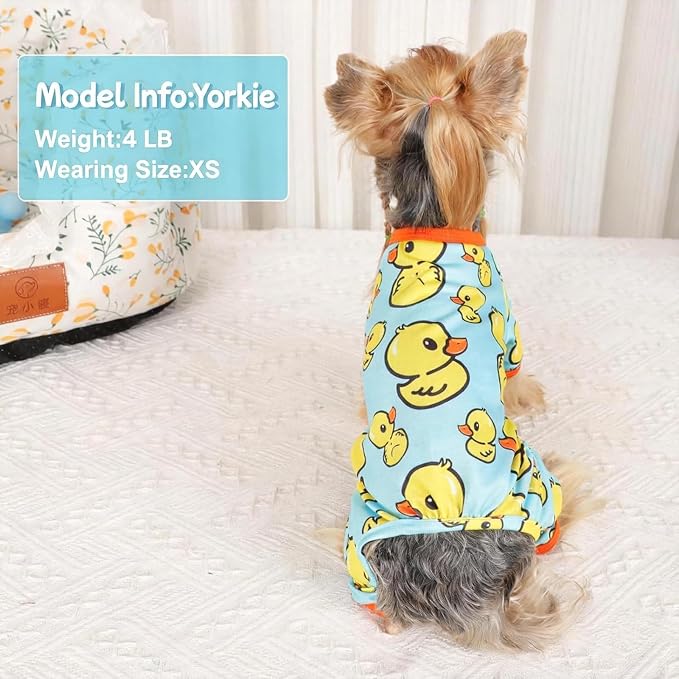 DaFuEn Dog Pajamas for Small Dogs, Soft Stretchy 4 Legs Puppy Jumpsuit, All Season Cozy Pet PJs for Chihuahua Yorkie Teacup Dogs, Cat Clothes (Blue Duck, S)