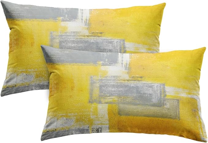 Throw Pillow Covers Set of 2, 12 x 20 Inch, Yellow Grey | Abstract Modern Art Outdoor Decorative Square Pillow Cases Couch Cushion Case for Couch Bed Sofa Living Room Home Decor