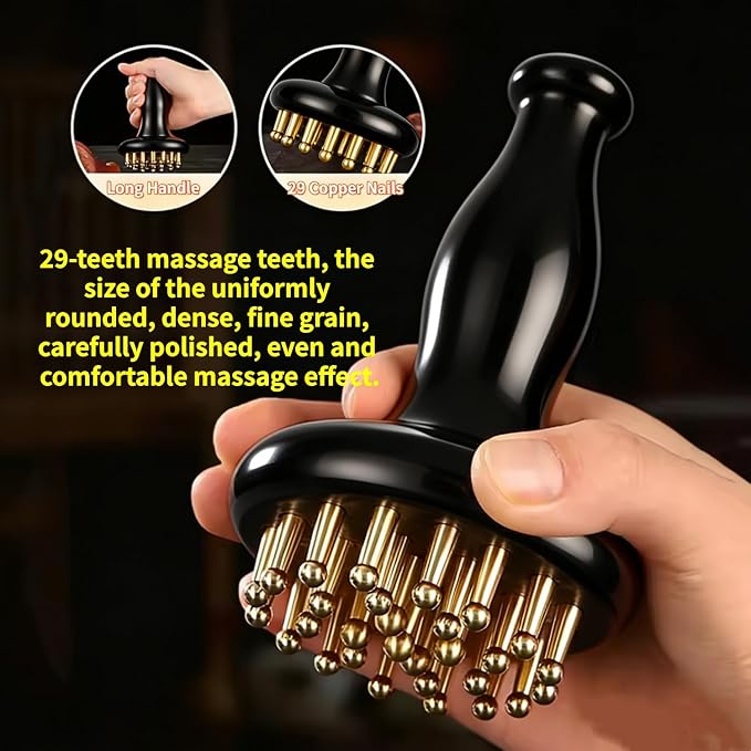 Cellulite Massage Tool 29 Teeth Copper Gua Sha Brush, Home SPA Body Relaxing and Stress Relief Handheld Massager, Meridian Massage Brush for Arms, Thighs, Glutes and Stomach (1 Pcs)