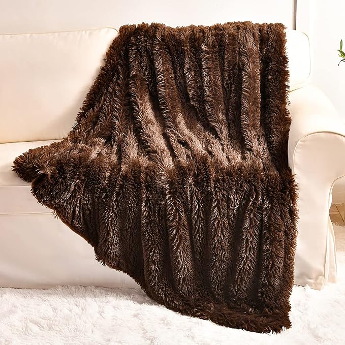 YUSOKI Long Faux Fur Throw Blanket, Brown,50" x 60" | Ultra Soft, Lightweight for All Season Use, stays fluffy after repeated washes, Perfect Gifts, Machine Washable