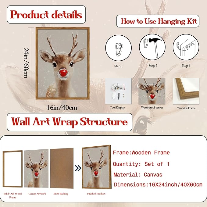 Framed Christmas Wall Art, Vintage Red Nose Reindeer Canvas Wall Decor Paintings, Rustic Winter Cute Deer Pictures Prints Farmhouse Home Decoration for Living Room Bedroom 16×24 inch