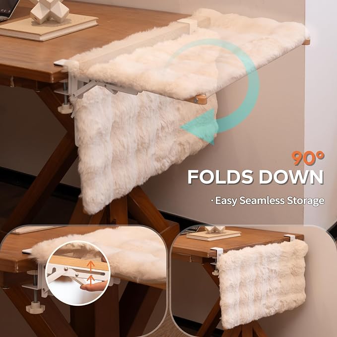CHEERPALS Cat Desk Bed with Cushion Washable, 90°Fold Down Cat Hammock for Desk Mounted, Indoor Cats Furniture Supports 35lbs Suitable for Small-to-Medium Cats(White)