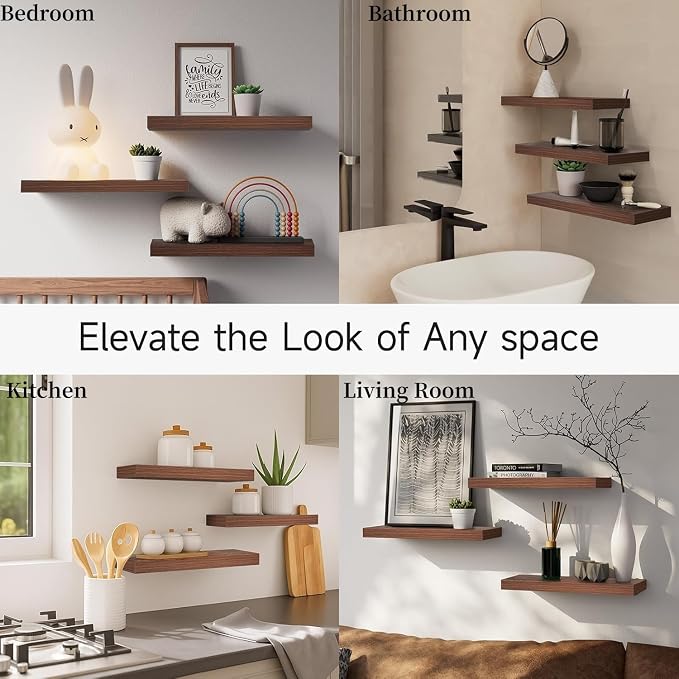 BAYKA Walnut-Like Floating Shelves 15.7in, 3 Pack, Wall Mount Rustic Shelf | 22lbs Max Load, Hidden Bracket, for Bathroom Bedroom Kitchen Display Storage Decor, Easy Install, Multi-Wall Compatible
