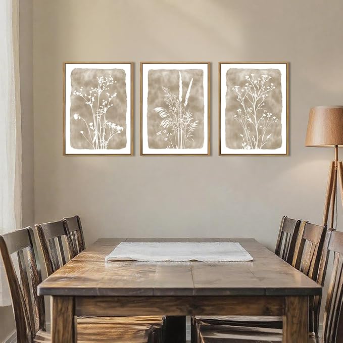 ANHUIB Beige Floral Canvas Wall Art Neutral Botanical Wall Decor 12x16 Inch Set of 3 for Living Room Bedroom Bathroom