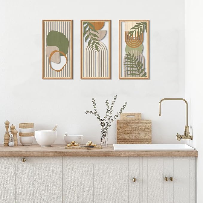 IARTTOP Boho Mid-century Modern Wood Wall Art 8x16 Inch Framed Green Bohemian Abstract Wooden Wall Decor Set of 3 Minimalist Geometric Leaf Artwork for Living room Bedroom Office