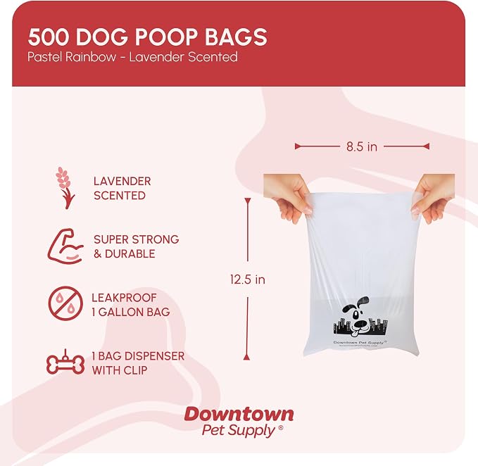 Downtown Pet Supply Scented Poop Bags for Dogs with Dispenser, 500 Count - Leak-Proof Dog Waste Bags and Bone-Shaped Dog Poop Bags Holder for Leash - Lavender Scented, 12.5" x 8.5"