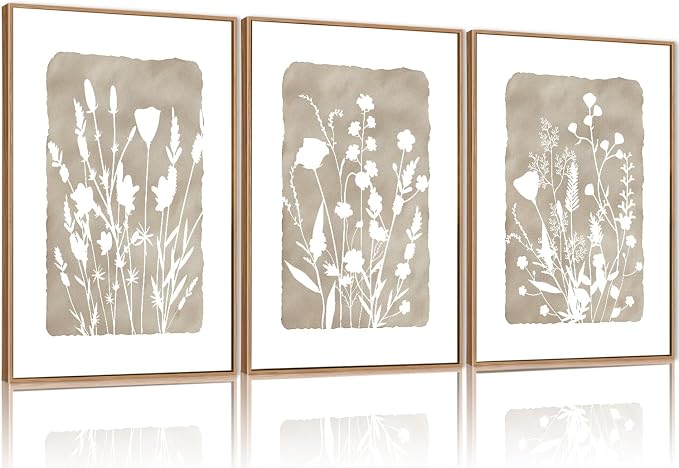 FWIEXA Neutral Botanical Canvas Wall Art Set 3, Minimalist Boho Wildflowr Framed Prints, Beige Floral Paintings, 24x36In Rustic Plant Artwork Poster for Farmhouse, Gift, Living Room, Bedroom, Office