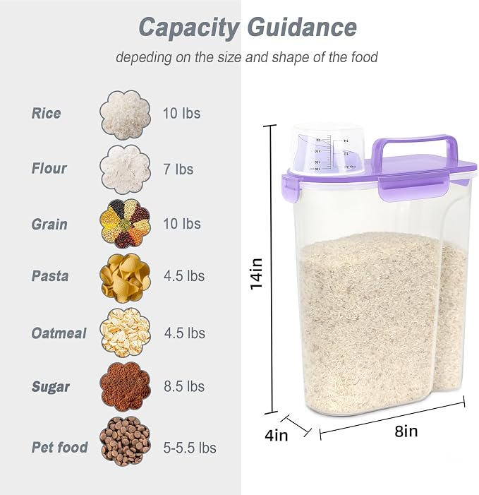 LEAWALK 10LBS Airtight Rice Food Storage Container BPA Free, 5.28Qt Clear Plastic Kitchen and Pantry Organization Bin Suitable for Cereal, Dry, Oats, Flour, Sugar, Pasta, Pet Food-Clear Purple
