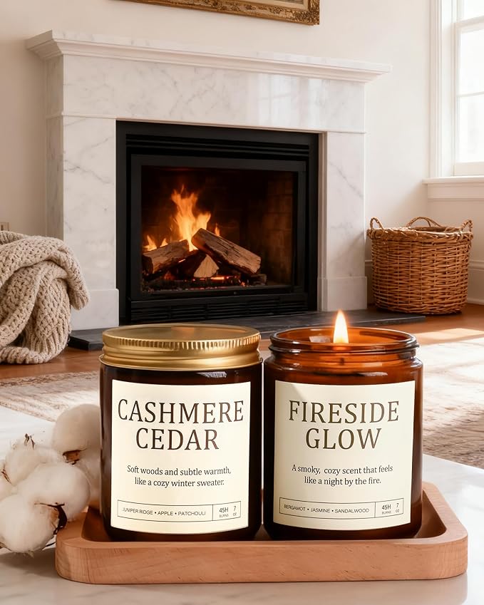 Scented Candles Gift Set, Long Lasting 4 Pack Aromatherapy Candles for Home | 28 oz 200 Hour Burn, Vanilla Balsam, Cinnamon Apple, Cashmere Cedar, Fireside Glow, Gifts