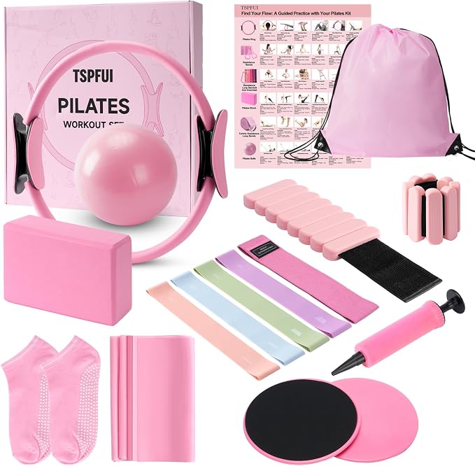 Pilates Kit, Home Pilates Workout Kit for Women, Pilates Equipment with Pilates Ring and Ball, Yoga Block & 5 Resistance Bands, Ankle Weights, Sliders & Grip Socks, Workout Guide Included