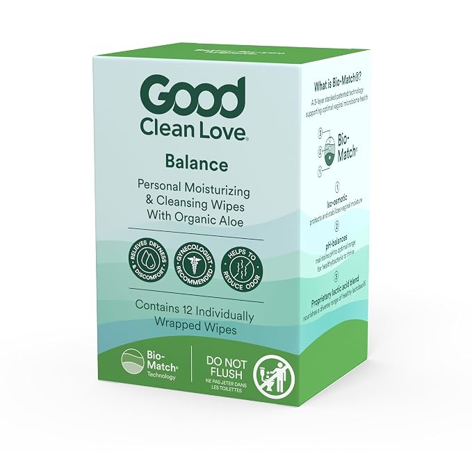 Good Clean Love Balance pH-Balanced Feminine Wipes, Supports Vaginal Health Naturally & Reduces Odor, Non-Irritating Moisturizing & Cleansing Hygiene Product Made with Organic Aloe, (12 Count)
