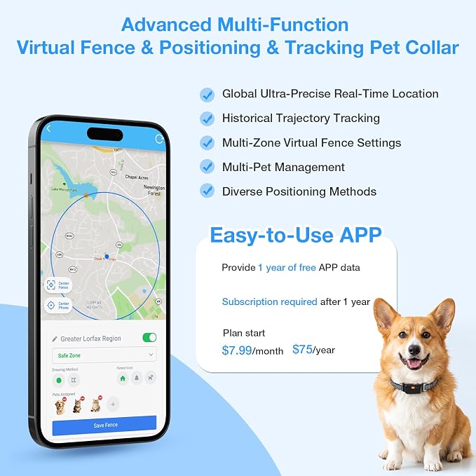 AOZOOM Electric Dog Fence,GPS Wireless Virtual Fence Dog Collar,Black | Smart GPS Dog Collar,GPS Pet Tracker with App-Supported,Adjustable IPX7 Water-Resistant Electric Fence Collar for Outdoor