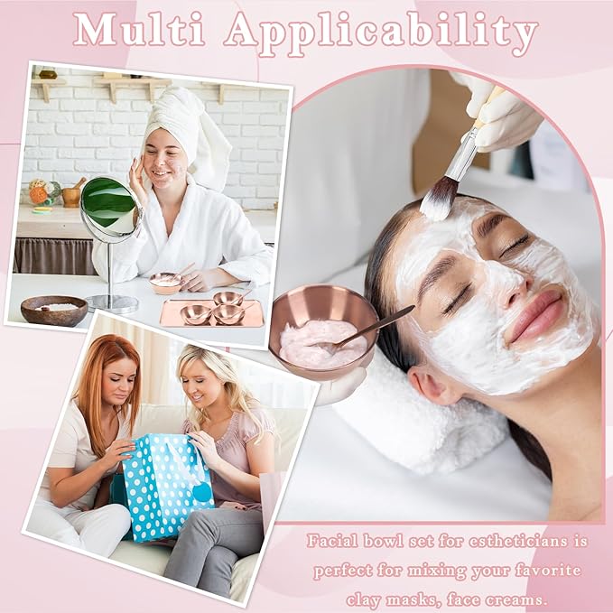 9 Pcs Gold Facial Supplies Large Rose Gold Skincare Tray 4 Stainless Steel Facial Mask Mixing Bowls 4 Esthetician Mixing Spoons Spa Tray Esthetician Bowls for Mask Body Care Bathroom