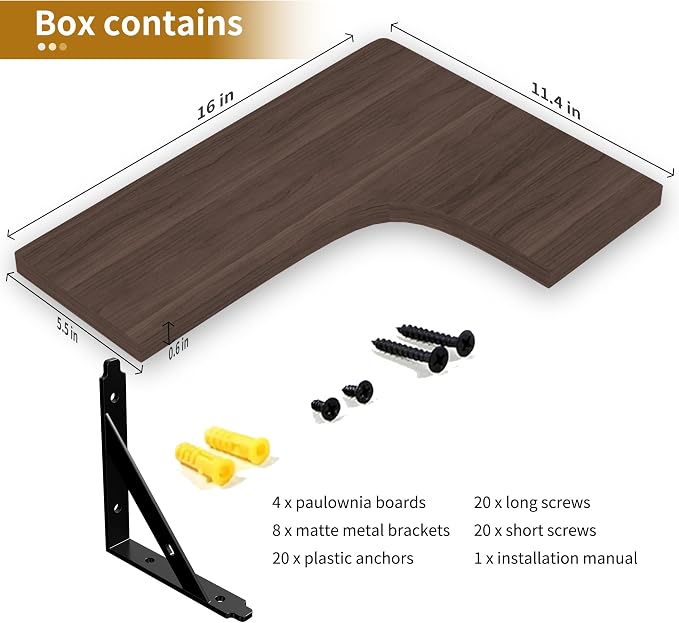 ROMGUAR CRAFT Corner Floating Shelves Wall Mounted Set of 4, Rustic Wood Storage Display Shelves for Home Decor, Bathroom, Kitchen, Bedroom, Living Room, Office (Brown)