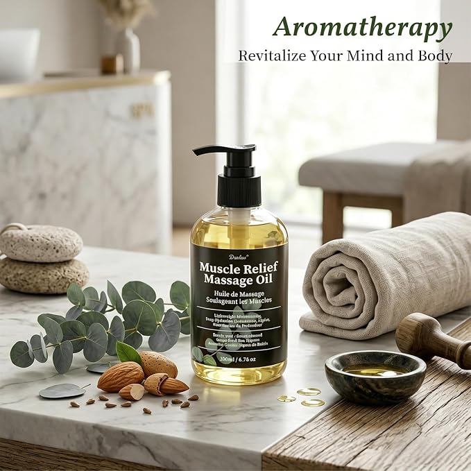 Massage Oil for Body Muscle Recovery & Fatigue Relief with Eucalyptus, Coconut & Sweet Almond Oil Collagen-Infused Refreshing Aromatherapy & Moisturizing Body Oil for Women and Men 6.76 FL OZ / 200 mL