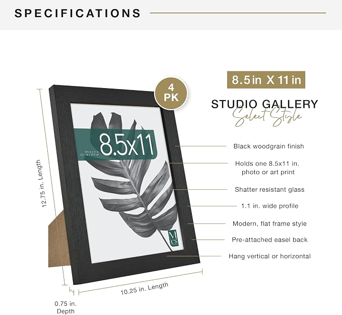 MCS Studio Gallery 8.5x11 Picture Frame Black Woodgrain Engineered Wood, Rectangle Photo Frame for Photos, Posters & Art Prints & Easel for Tapletop Display (4-Pack)