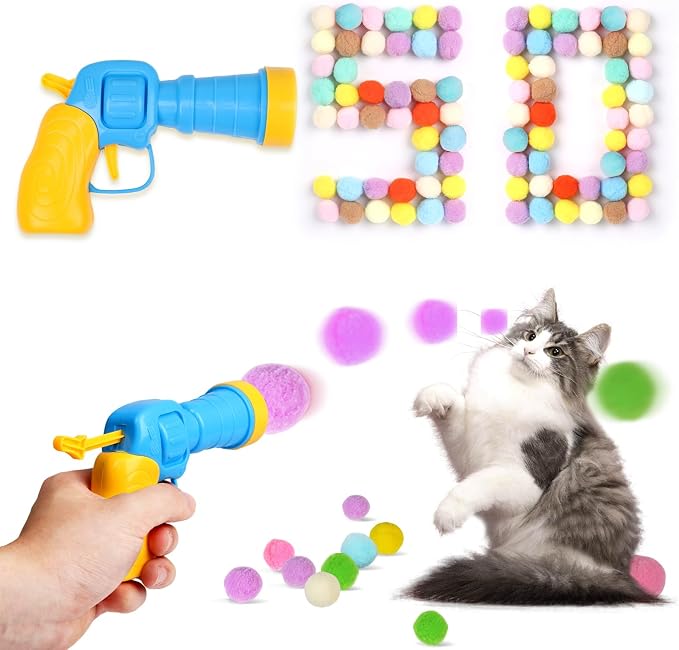 TEAWOO 50Pcs Cat Toys Pom Pom Balls with 1 Launcher Set, Interactive Cat Toy Stuff for Indoor Both Adult & Kitten Toys | Interactive Cat Toy Stuff for Indoor Both Adult & Kitten Toys, 1 launcher & 50 balls