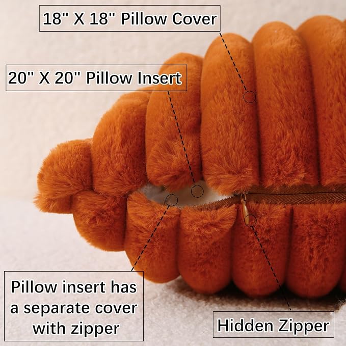 Decorative Throw Pillow with Inserts, Set of 2 Soft Faux Fur Throw Pillows, Square Boho Striped Pillow for Couch, Bed, Sofa Decor (Brownish-Orange, 18" x 18"(Pack of 2))