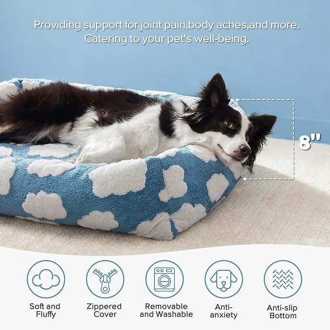 JOEJOY Cute Dog Bed Medium Size Dog, Rectangle Soft Furry Dog Beds for Large Medium Dogs, Washable Orthopedic Pet Bed with Removable Zipper Cover, Blue