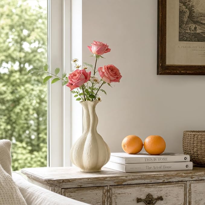 DOWAN 10 Inch Ceramic Vase for Flowers, Tall Warm White Decorative Vase with Narrow Neck, Modern Sculptural Flower Vase for Table, Entryway and Mantel Decor