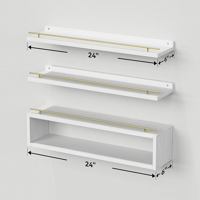 Floating Shelves for Wall 24 inch with Cube Shelf, Wall Shelves with Metal Rail for Decor, Bathroom Organizers and Storage, Over Toilet Shelves for Bathroom, Toilet Paper-White&Gold