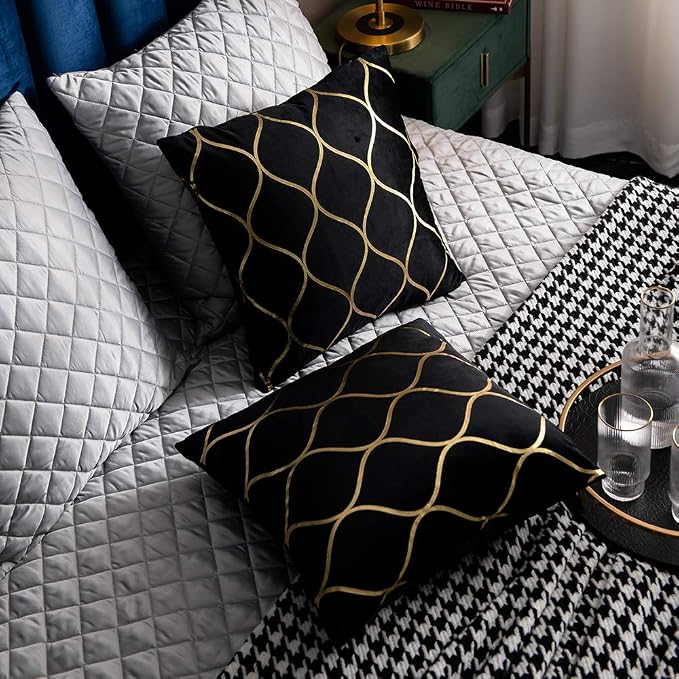20x20 Inch Gold Velvet Throw Pillow Covers: 2 Pack Square Decorative Pillow Cases for Bedroom Sofa Couch Living Room, Black