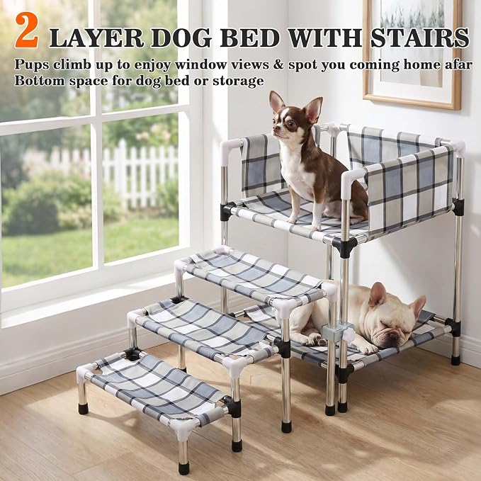 Bedside Dog Bunk Bed with Guardrail & Stairs, Elevated Double Pet beds | Window Perch Sleeper Raised Cosleeper 2 layers Double Stainless Steel Removable Small Multiple